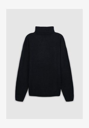 Maglione a collo alto nero con colletto a coste, maniche lunghe e tessuto in maglia testurizzato. Design semplice e dritto.