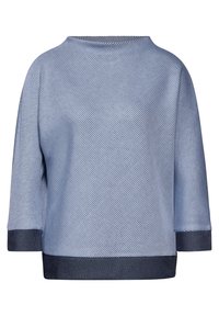 Maglione a righe blu, con scollo rotondo, maniche a 3/4 e orlo a coste. Realizzato in un morbido tessuto testurizzato con motivo diagonale.