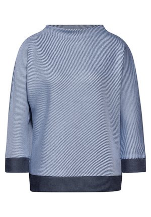 Maglione a righe blu, con scollo rotondo, maniche a 3/4 e orlo a coste. Realizzato in un morbido tessuto testurizzato con motivo diagonale.