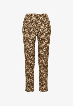 Brown patterned trousers featuring concentric rectangles in beige, yellow, and maroon. Slim-fit design with a smooth texture.