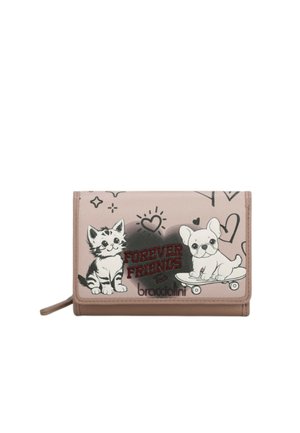 Portafoglio rosa con illustrazioni a fumetti di un gatto e un cane, con il testo "FOREVER FRIENDS". Materiale morbido con una texture liscia.