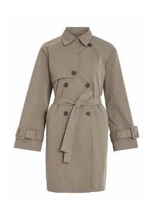Beige trenchcoat med bæltestrop i taljen, dobbelt-knaplukning, stor krave og opsmøgede ærmer med spænde-detaljer.