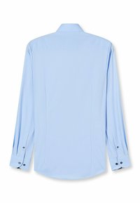 Light blue long-sleeve shirt with a plain texture, featuring a spread collar and buttoned cuffs, designed for a tailored fit.