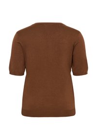 Pull marron à manches courtes avec un col rond, une texture douce, des poignets côtelés et un ourlet droit, adapté à une tenue décontractée.
