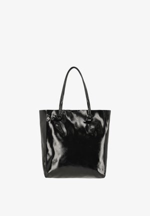 Black patent leather tote bag with two handles, featuring a smooth, shiny surface and a spacious interior design.