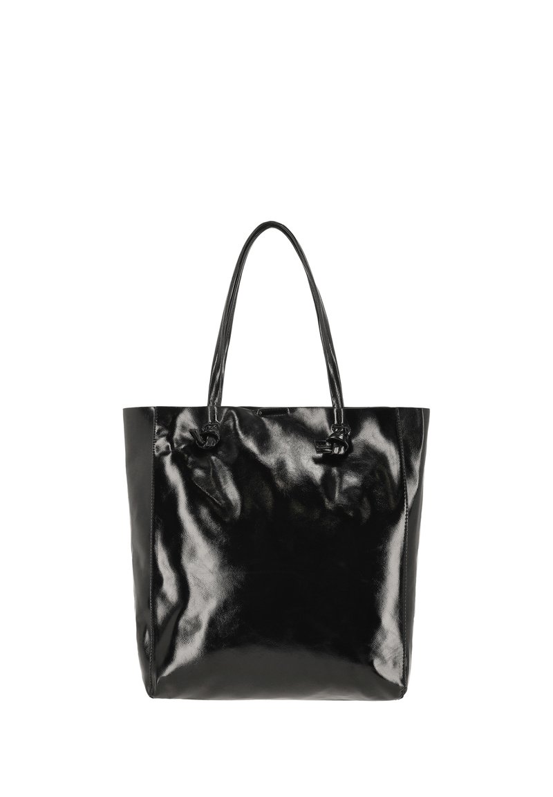 Musta kiiltävä nahkainen käsilaukku, jossa on kaksi kahvaa, sileä ja kiiltävä pinta sekä tilava sisäosa.