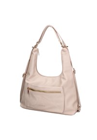 Borsa a spalla in finta pelle beige con forma curvata, doppi manici, tasca frontale con zip e dettagli in metallo color oro.