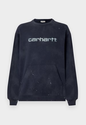 Sweat-shirt bleu marine foncé avec une poche avant, des poignets côtelés et un logo blanc délavé ; le tissu présente un motif moucheté.