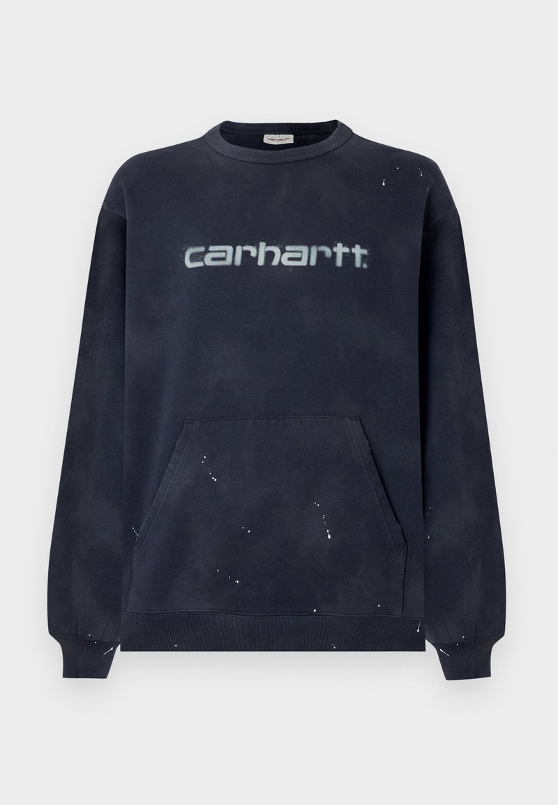 Dunkelblaues Sweatshirt mit einer Fronttasche, gerippten Bündchen und einem verblassten weißen Logo; Stoff zeigt ein gesprenkeltes Muster.