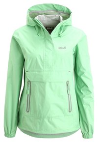 Imperméable à capuche Jack Wolfskin vert clair avec demi-fermeture éclair frontale, poignets élastiques et poches latérales zippées.