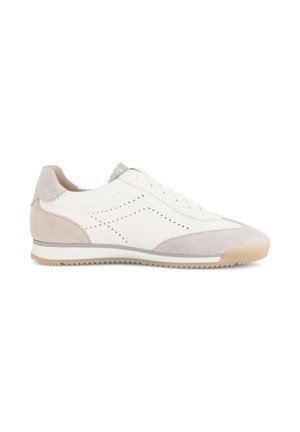 White and light beige low-top sneaker with lace-up front, perforated side details, suede accents, and a ridged rubber sole.