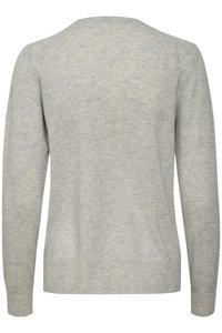 Light gray sweater featuring a soft, textured knit, long sleeves, and a classic round neckline. Simple design with no visible embellishments.
