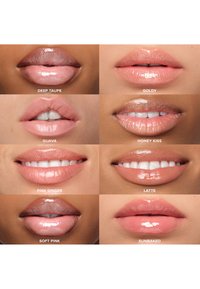 Negen lipkleuren gerangschikt in een raster: romige texturen in diverse nude- en roze tinten, waaronder Deep Taupe, Goldy, Honey Kiss en meer.