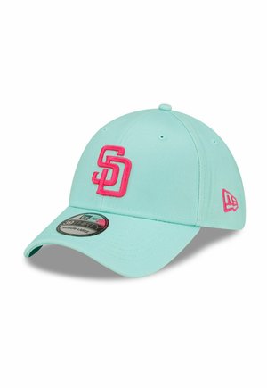 A mint green baseball cap with a pink embroidered "SD" logo on the front, featuring a curved visor and adjustable back.