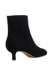 Black suede ankle boot with a pointed toe and a short, slim heel. Smooth texture and minimal design with no visible hardware or embellishments.