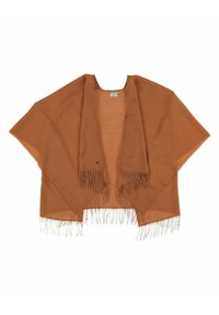 Brauner, gestrickter Schal mit offener Vorderseite, fransigen Kanten und leichter Textur. Keine Verschlüsse oder Befestigungen.