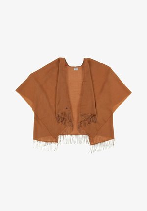 Sciarpa marrone a maglia con apertura frontale, caratterizzata da bordi frangiati e una consistenza leggera. Senza chiusure o fibbie.