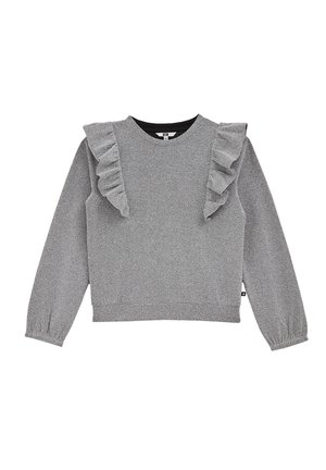 Grauer Sweatshirt mit Rüschendetails an den Schultern, rundem Ausschnitt und langen Ärmeln. Strukturierter Stoff mit elastischen Bündchen und lockerer Passform.