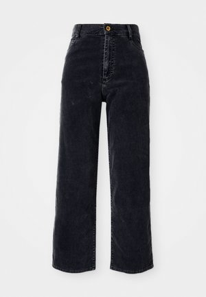 Hoch taillierte, weit geschnittene schwarze Denim-Jeans mit einem Frontknopfverschluss und zwei seitlichen Taschen, die dezente Nähdetails aufweisen.
