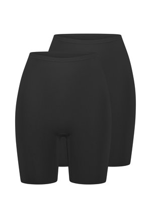 Zwei Paar schlichte schwarze nahtlose Biker-Shorts mit hohem Bund, von vorne auf weißem Hintergrund gezeigt.
