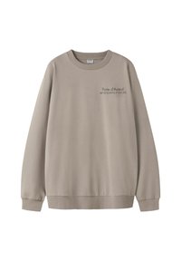 Beige sweatshirt med lange ærmer og rund halsudskæring. Tekst på fronten lyder "Porte d'Auteuil" med koordinater nedenunder. Blødt stof og ribstrikkede manchetter.