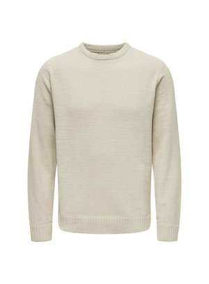 Helle beige gestrickte Sweatshirt mit Rundhalsausschnitt, langen Ärmeln und gerippten Bündchen, ausgestattet mit einem strukturierten Stoffmuster.