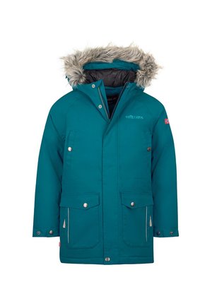 Teal parka jacket with faux fur trim hood, zipper closure, two large front pockets, and silver hardware accents. Lined interior with branding detail.