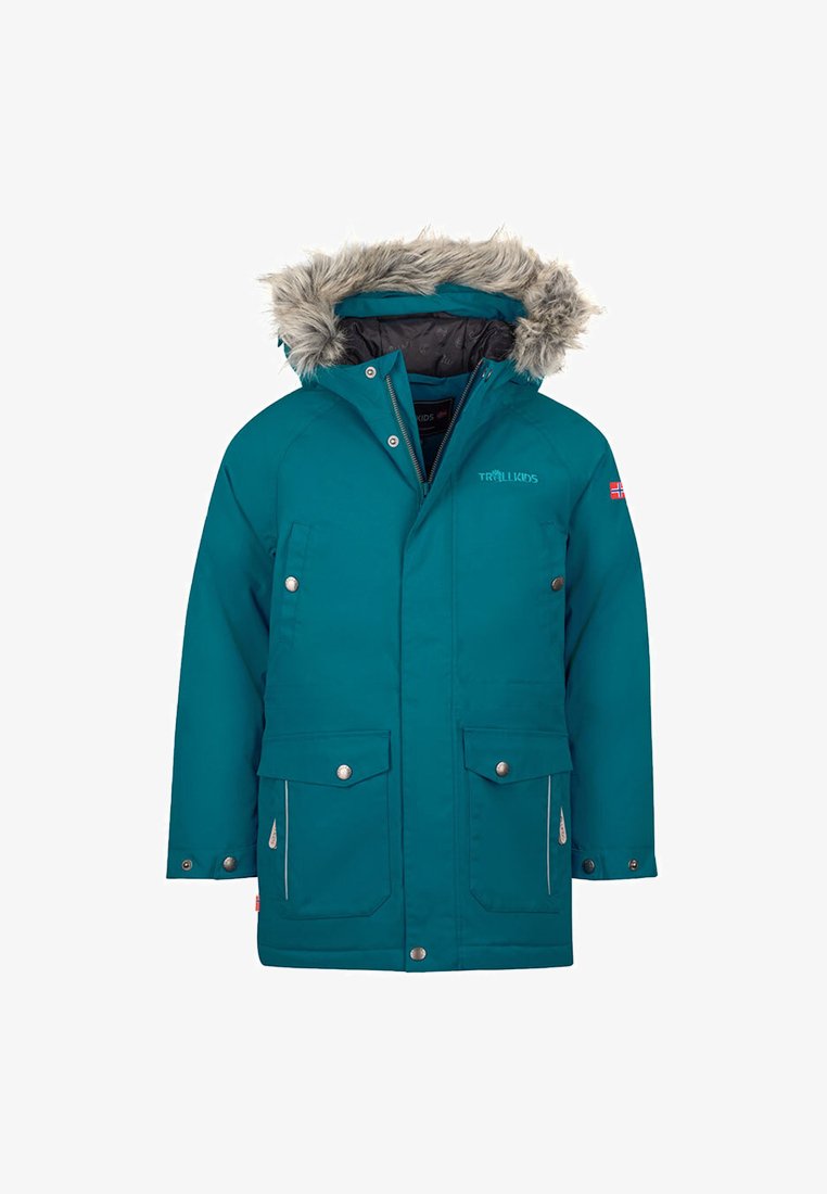Teal parka jacket with faux fur trim hood, zipper closure, two large front pockets, and silver hardware accents. Lined interior with branding detail.
