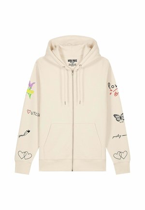 Cream-colored zip-up hoodie in cotton blend, featuring floral and butterfly graphics, along with text accents on sleeves. Front pockets included.