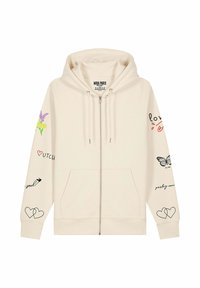 Kremasti duks na patentni zatvarač s vezenim motivima lavande, leptira i srca. Mekani materijal s dugim rukavima i prednjim džepovima.