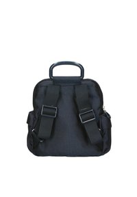 Zaino nero in tessuto testurizzato, realizzato con materiale resistente, dotato di spallacci regolabili, manico superiore e compartimenti con zip. Presenta un motivo sottile.