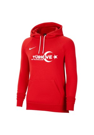 Rode Nike hoodie met witte koordjes en voorzak, met de tekst "TÜRKİYE" en een wit halve maan en ster logo.