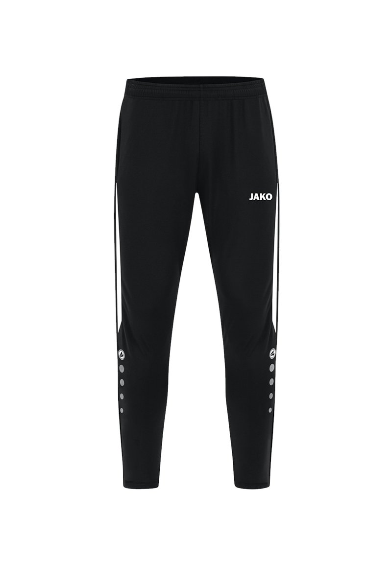 Pantalons de sport noirs au design fuselé, avec une taille élastique, le logo "JAKO" en blanc et des rayures latérales blanches avec des accents circulaires.