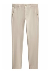 Beige chino's met een getailleerde pasvorm, voorzien van riemlussen, twee zijzakken, een ritsvlieg met knoopsluiting en een soepel katoenen stof.
