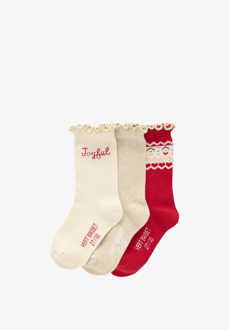 Set von drei Socken: cremefarben mit "Joyful" Text, beige mit einem subtilen Schimmer und rot mit dekorativem Schneeflockenmuster. Alle haben einen gerafften Rand.