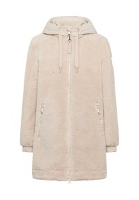 Beige fleece takki hupulla, jossa on etuvetoketju, sivutaskut ja teksturoitu kangas. Suora korostus hupussa ja helmassa.