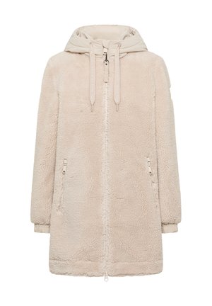 Beżowy płaszcz polarowy z kapturem, z zapięciem na zamek z przodu, bocznymi kieszeniami i teksturowanym materiałem. Gładki akcent na kapturze i dolnej krawędzi.