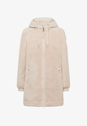 Beżowy płaszcz polarowy z kapturem, z zapięciem na zamek z przodu, bocznymi kieszeniami i teksturowanym materiałem. Gładki akcent na kapturze i dolnej krawędzi.