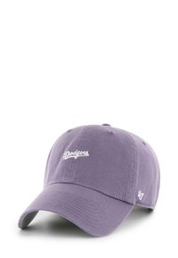 Purple cotton baseball cap featuring white "Dodgers" embroidery and a small "47" logo on the side. Curved visor with textured fabric.