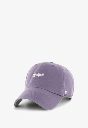 Purple cotton baseball cap featuring white "Dodgers" embroidery and a small "47" logo on the side. Curved visor with textured fabric.