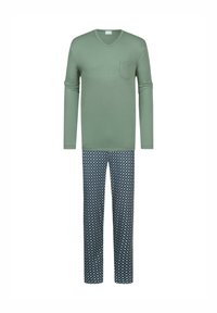 Groene lange mouwen V-hals top met zak, gecombineerd met marineblauwe broek met een geometrisch wit patroon, gemaakt van zachte stof.