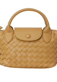 Borsa a tracolla in pelle intrecciata color giallo senape, con manico arrotondato, chiusura a patta e un motivo a diamante testurizzato. Design compatto con finitura liscia.