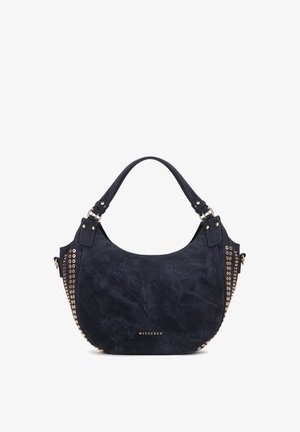 Tmavě modrá semišová kabelka se zlatými cvoky po stranách a jedním uchem, s logem značky "Wittchen" uprostřed přední části.