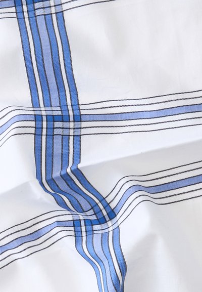 Tissu blanc avec un motif à carreaux bleu et noir comportant des rayures horizontales et verticales qui se croisent à angle droit.