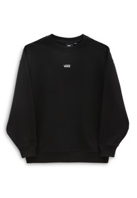 Zwarte sweatshirt van zachte stof, met een ronde hals, verlaagde schouders en een wit Vans-logo op de borst. Soepele textuur.