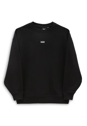 Schwarzer Sweater aus weichem Material mit Rundhalsausschnitt, gesenkten Schultern und einem weißen Vans-Logo auf der Brust. Glatte Textur.