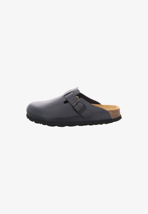 Black synthetic clog with adjustable buckle, cork footbed, and rubber sole. Rounded toe, side cutouts for ventilation, and smooth texture.