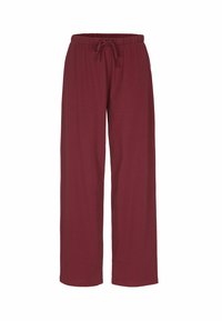 Burgundy vida-byxa tillverkade av mjukt tyg, med elastiskt midjeband och dragsko, vilket ger en lös och bekväm passform.