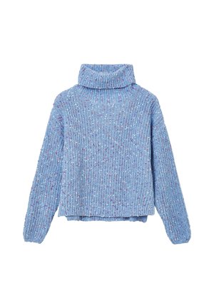 Hellblauer Strickpullover mit hohem Kragen, langen Ärmeln und strukturiertem Muster, das kleine Flecken in Pink und Lila aufweist.