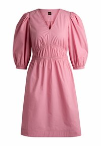 Pink dress with a V-neckline, short puff sleeves, and gathered waist detail. Made from a smooth fabric with a straight A-line skirt.